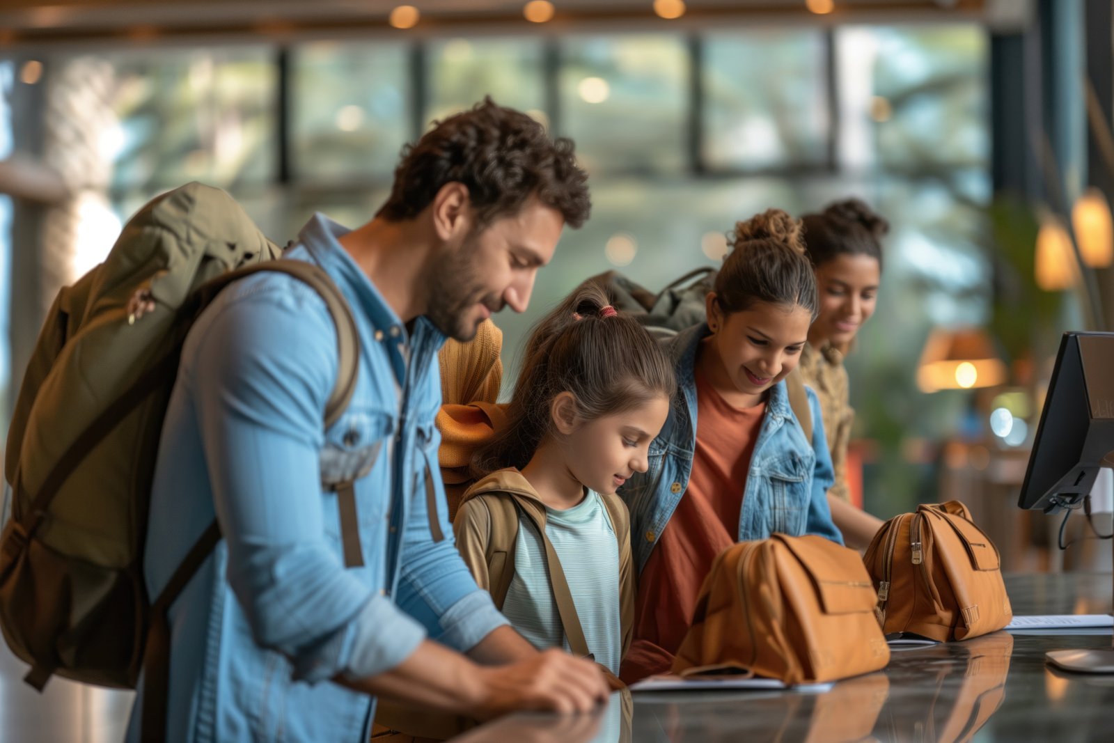Family checking in at hotel
